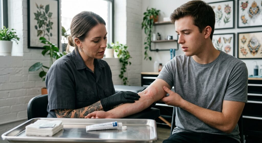 Eine Person mit einem neuen Tattoo, die auf mögliche Hautreaktionen nach der Anwendung von Betäubungscreme achtet.