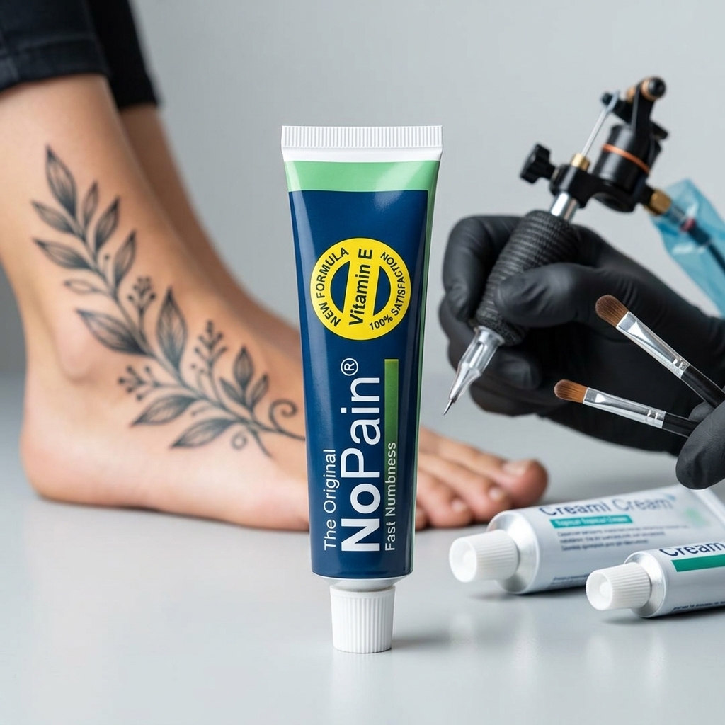 Eine Person erhält ein detailliertes Tattoo am Fuß, während eine Betäubungscreme aufgetragen wird, um den Schmerz zu minimieren.