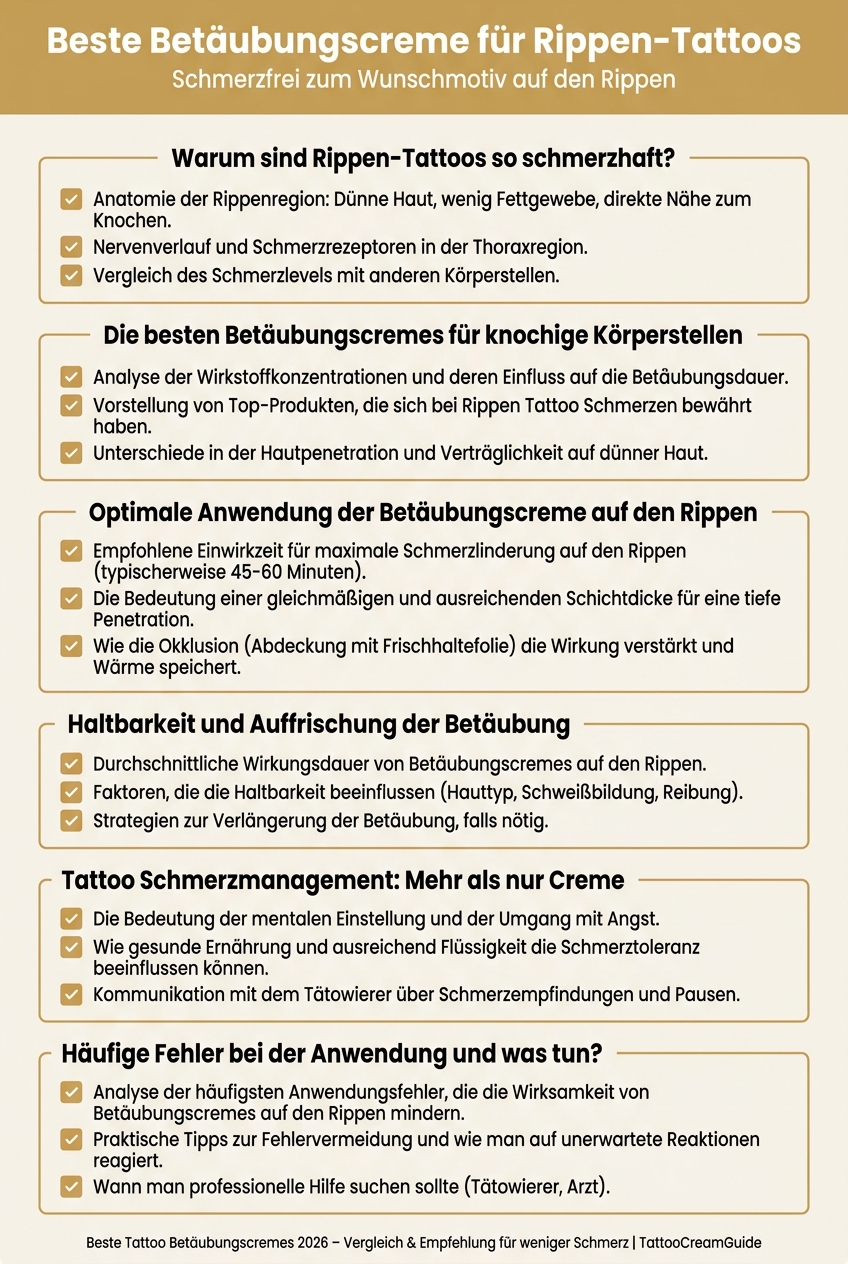 Infografik, die die Anwendung und Vorteile der besten Betäubungscreme für Rippen-Tattoos vergleicht und erklärt.
