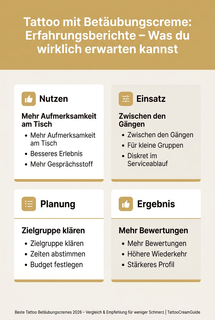 Infografik, die die korrekte Anwendung von Betäubungscreme für Tattoos Schritt für Schritt erklärt.