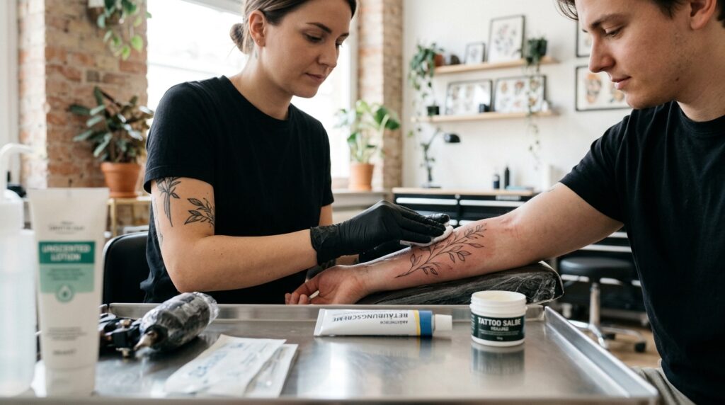 Eine Person mit einem frischen Tattoo auf dem Arm, auf dem eine Betäubungscreme aufgetragen wird, um den Heilungsprozess zu unterstützen.