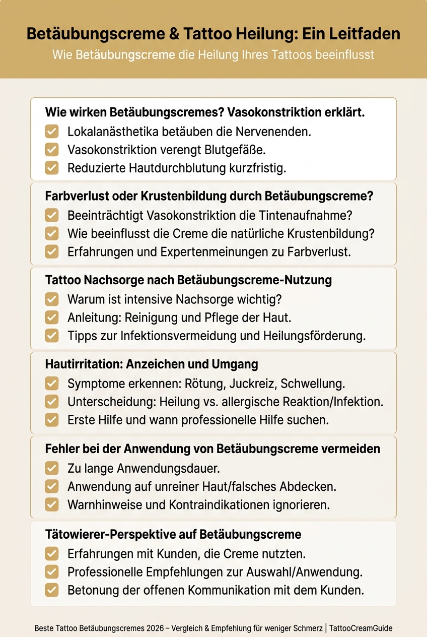 Infografik, die den Einfluss von Betäubungscreme auf die Tattoo Heilung veranschaulicht, mit Fokus auf Vasokonstriktion und Nährstoffversorgung.