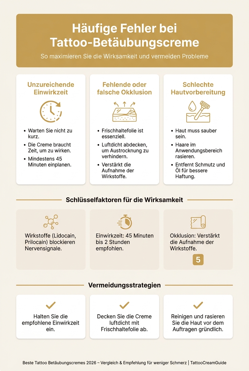 Infografik, die die häufigsten Fehler bei der Anwendung von Tattoo-Betäubungscreme und deren Auswirkungen auf die Schmerzlinderung zeigt.