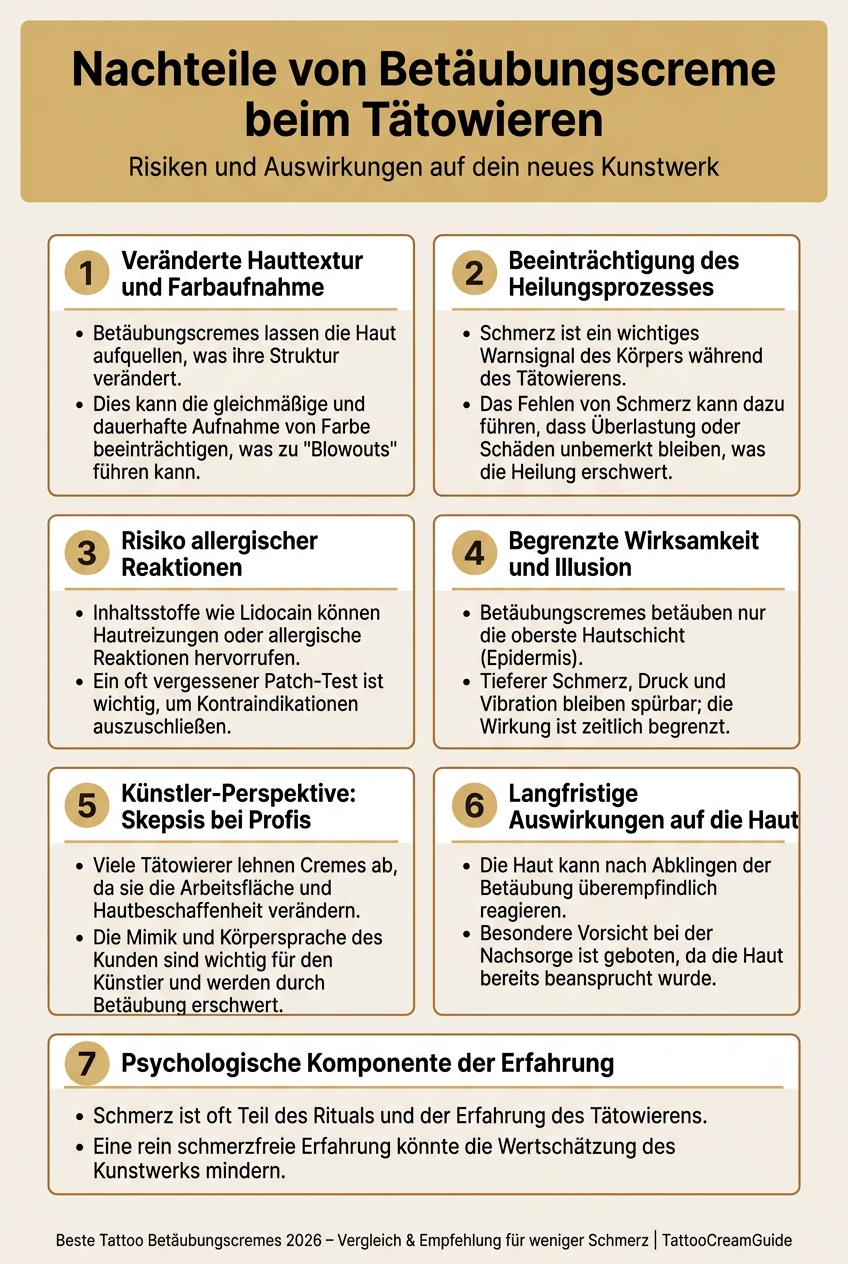 Infografik, die die potenziellen Nachteile von Betäubungscreme beim Tätowieren wie veränderte Hauttextur und schlechte Farbaufnahme darstellt.