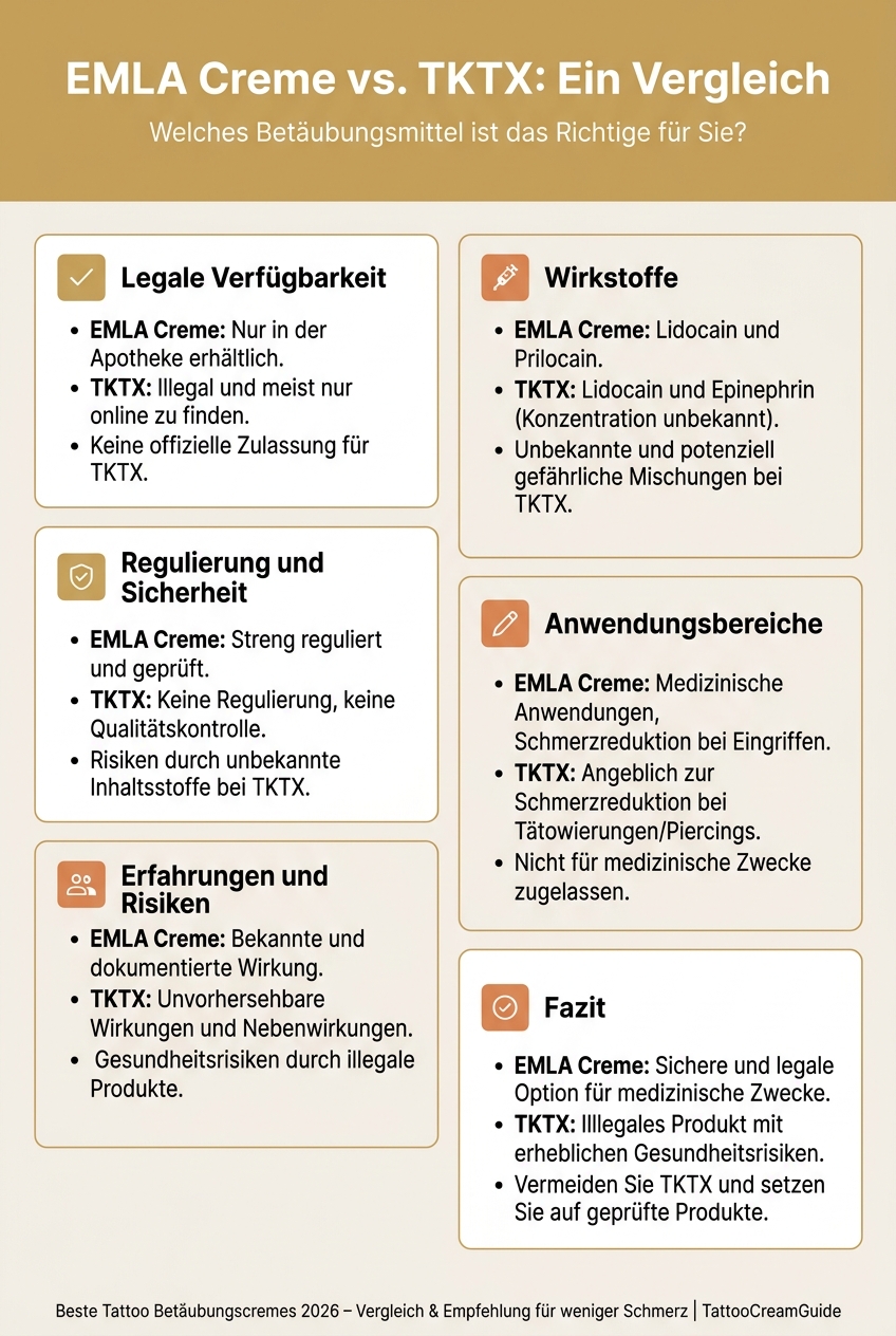 Infografik, die die Unterschiede zwischen Emla Creme und TKTX für Tattoo-Schmerzmanagement vergleicht.