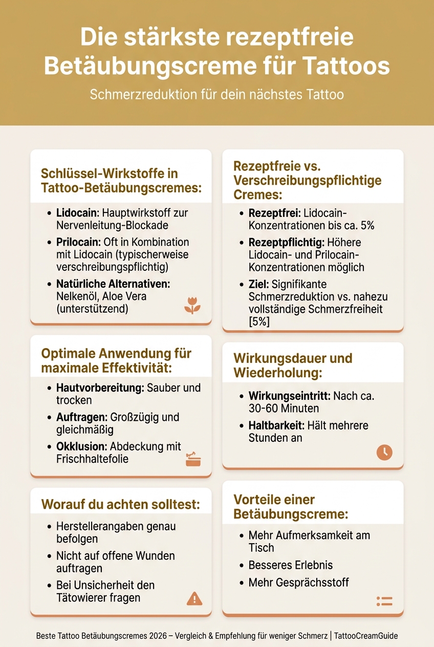 Infografik, die die Wirkungsweise der stärksten rezeptfreien Betäubungscreme für Tattoos und ihre Inhaltsstoffe vergleicht.