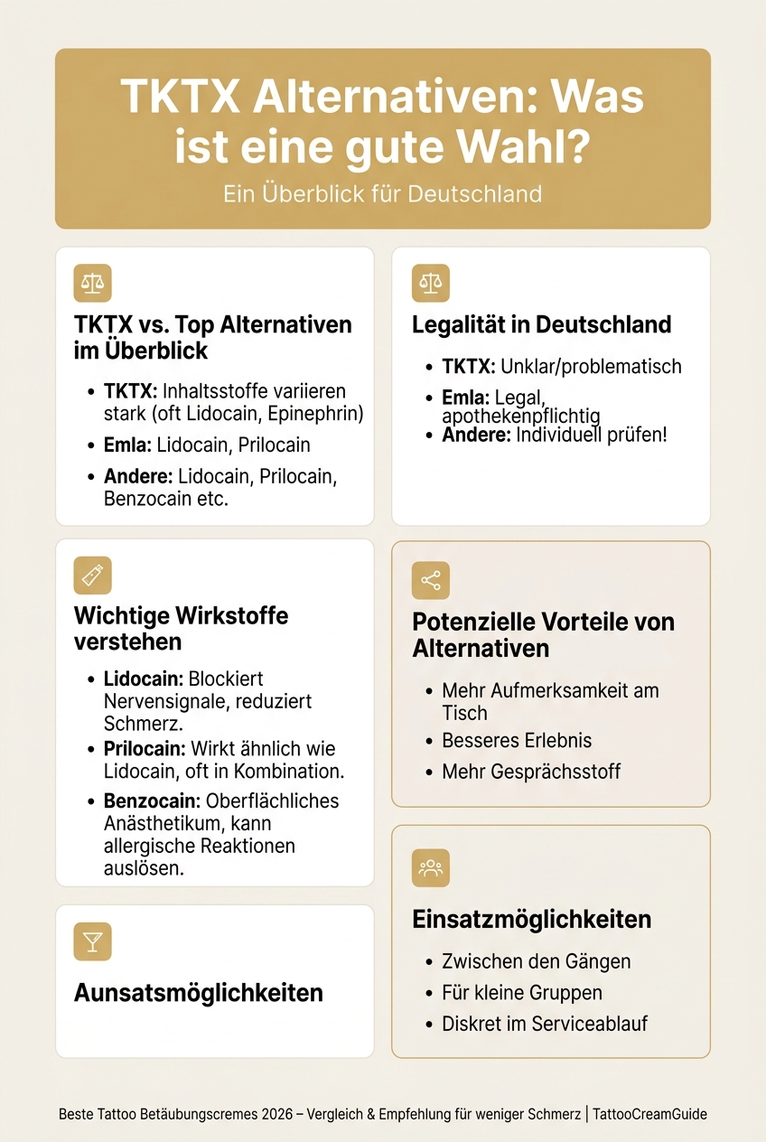 Infografik zeigt die wichtigsten Inhaltsstoffe und Wirkungsweisen von TKTX Alternativen für Tattoos.