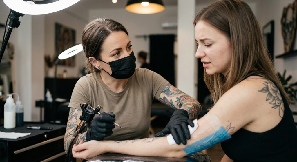 Eine Person erhält ein Tattoo, während die Betäubungscreme nachlässt und Schmerzmanagement-Strategien angewendet werden.