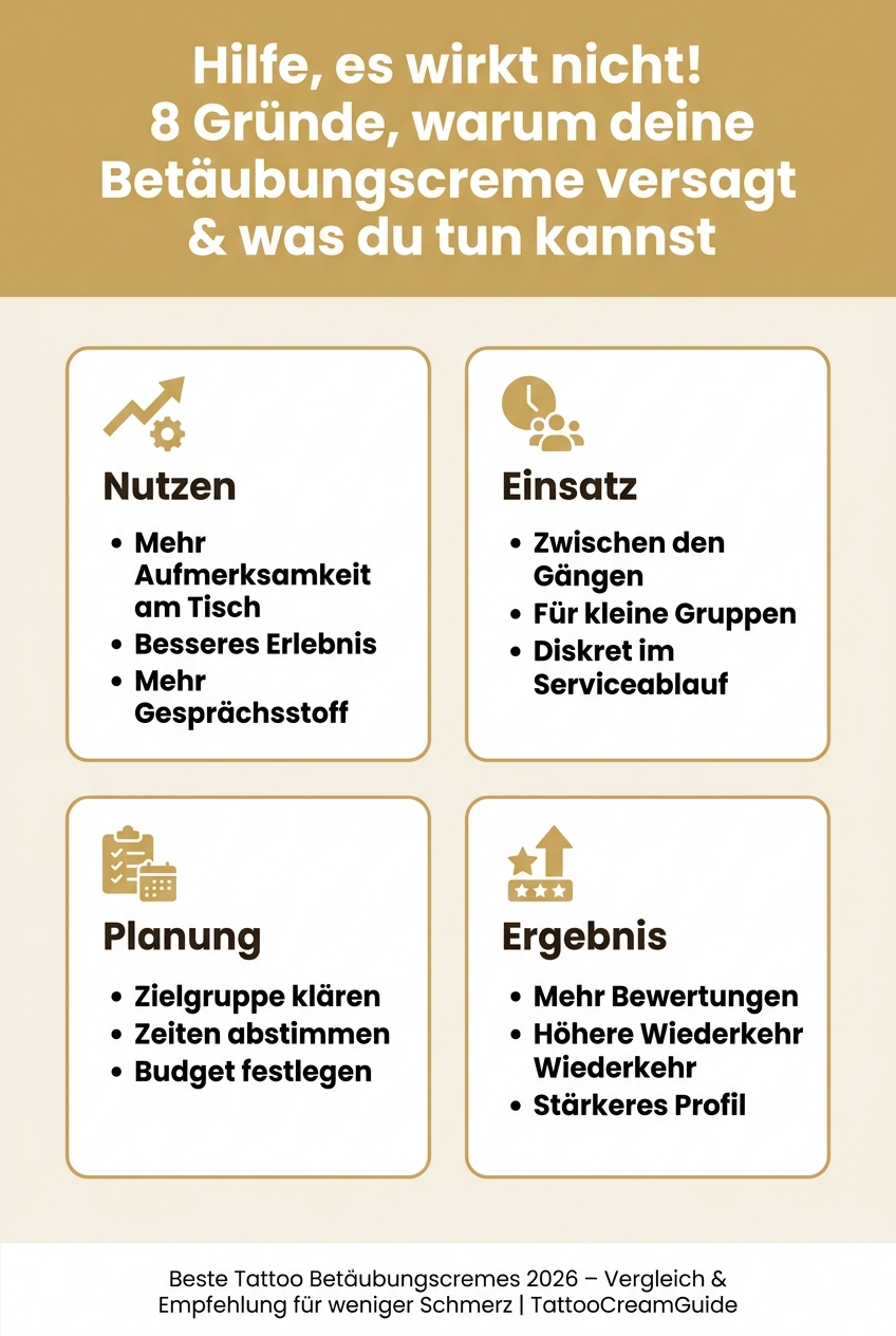 Infografik, die häufige Gründe auflistet, warum Tattoo-Betäubungscreme nicht wirkt und was man dagegen tun kann.
