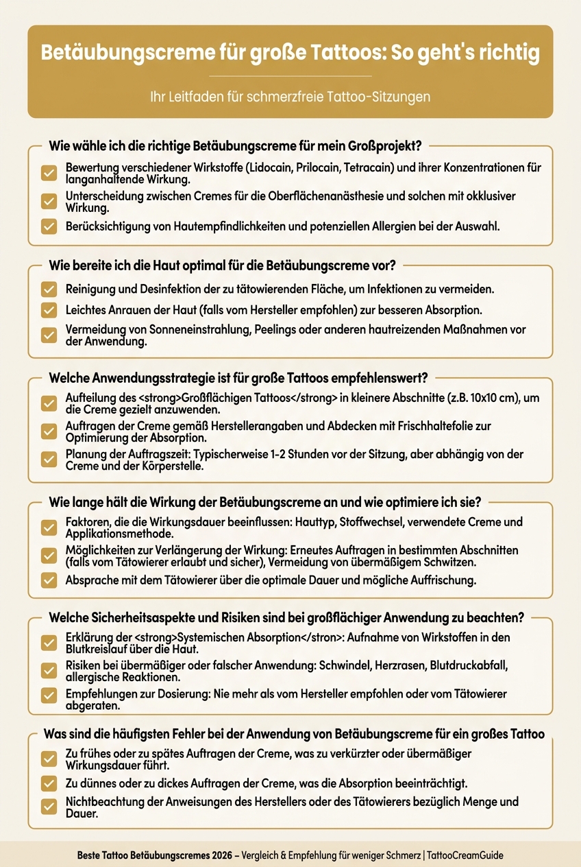Infografik zeigt die optimale Anwendungsstrategie von Betäubungscreme für ein großes Tattoo, inklusive Zeitplan und Dosierung.