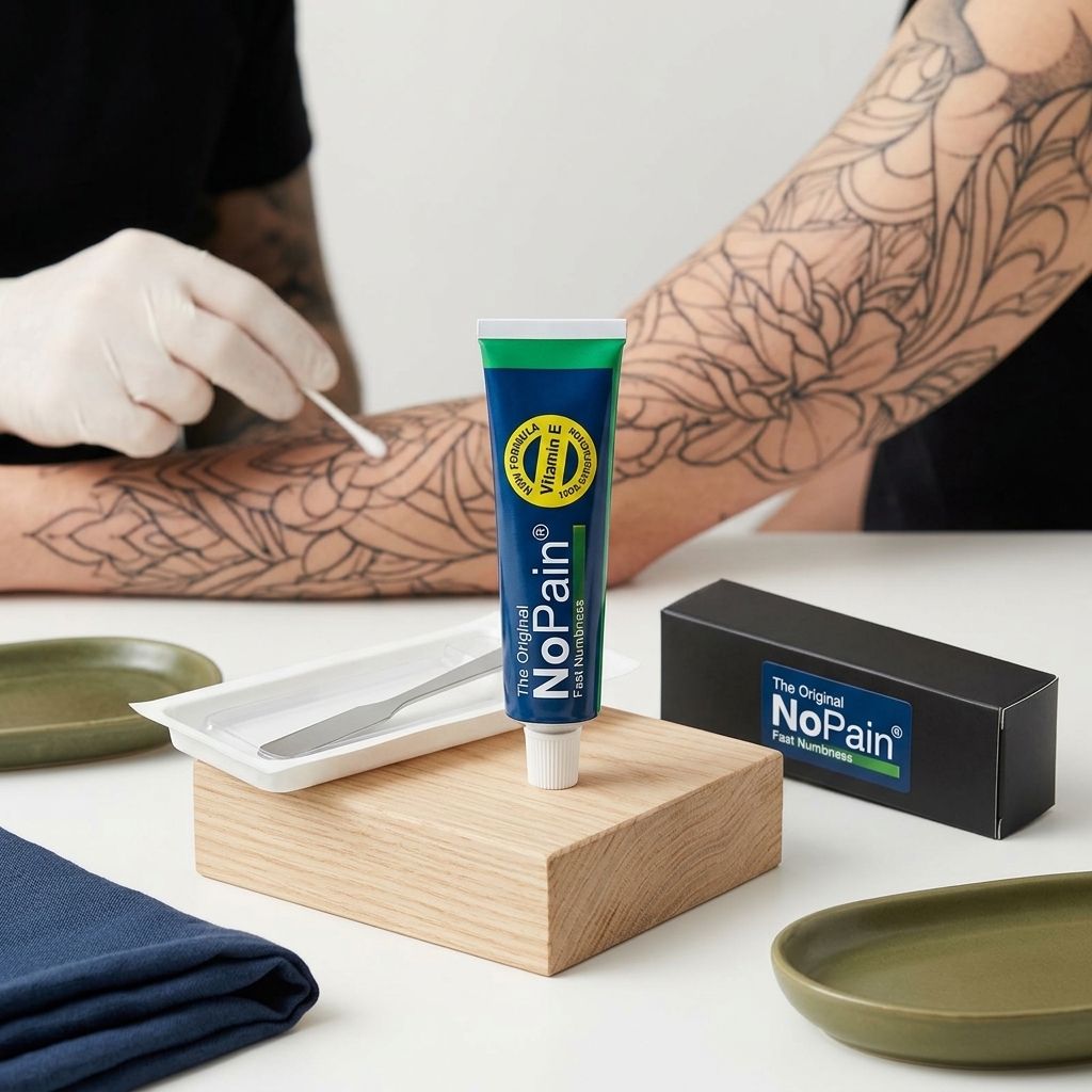 Mann mit detailliertem Tattoo Sleeve, der die Anwendung von Betäubungscreme für ein großes Tattoo demonstriert.