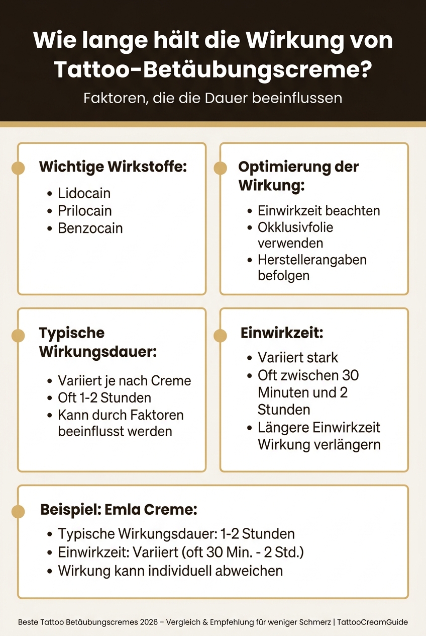 Infografik, die die durchschnittliche Wirkungsdauer verschiedener Tattoo-Betäubungscremes und beeinflussende Faktoren vergleicht.