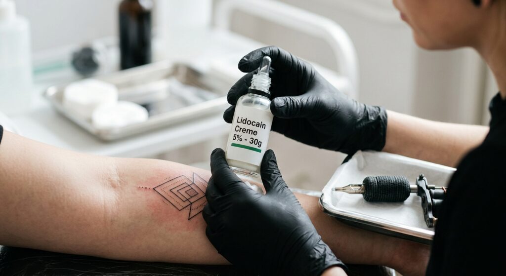 Nahaufnahme einer Tattoo-Betäubungscreme mit Lidocain, die auf die Haut aufgetragen wird, um Schmerzen zu lindern.