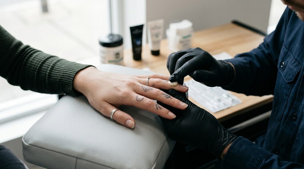 Eine Person hält eine Hand, auf der ein detailliertes Tattoo gestochen wird, mit aufgetragener Betäubungscreme.