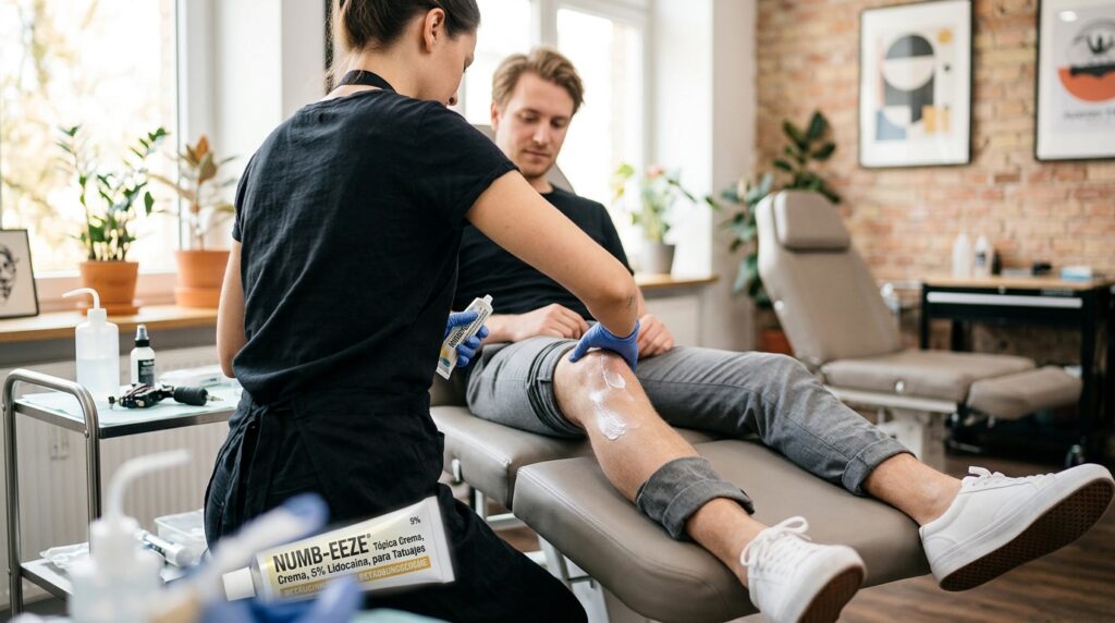 Eine Person, die sich ein Knie-Tattoo stechen lässt, mit aufgetragener Betäubungscreme zur Schmerzreduktion.