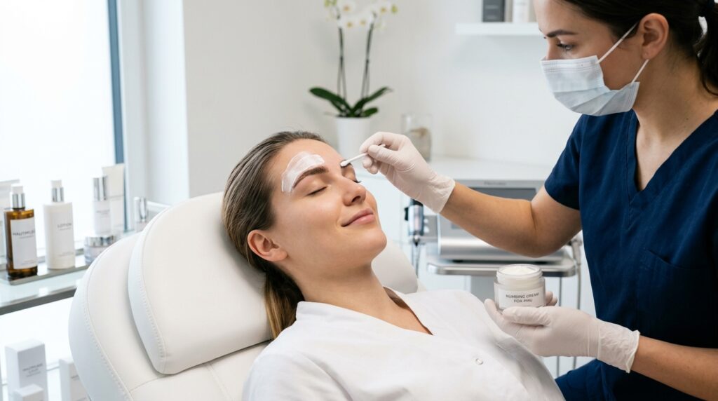 Eine Frau mit Permanent Make-Up auf den Lippen und Augenbrauen, die eine Betäubungscreme verwendet.