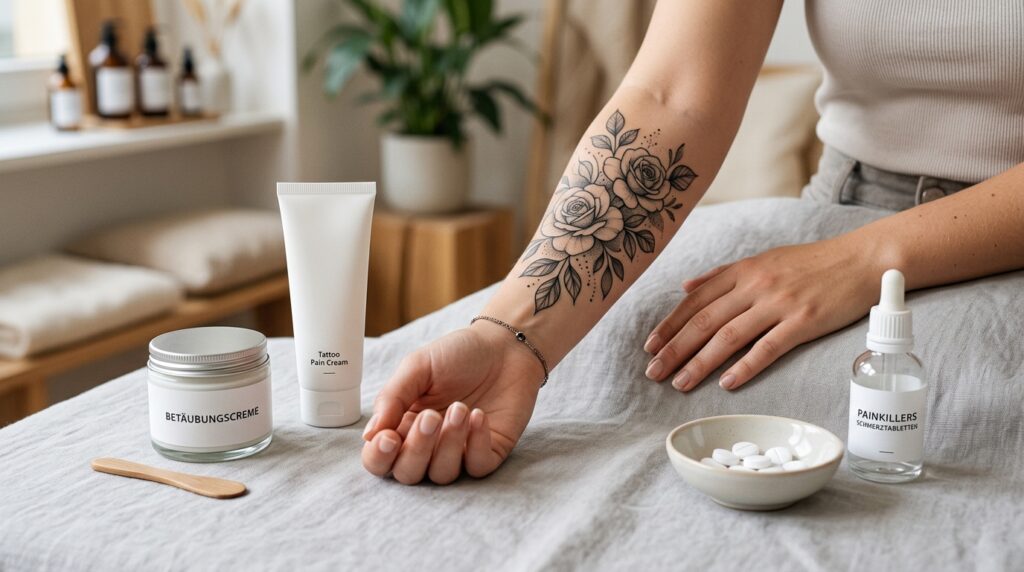 Vergleich von Betäubungscreme und Schmerztabletten zur Linderung von Tattoo-Schmerzen vor dem Stechen.