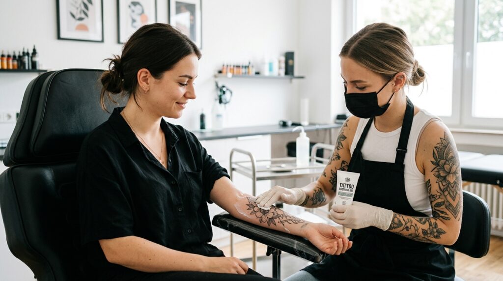 Frau mit Tattoo-Maschine und einer Tube Betäubungscreme, die über Tattoo-Schmerzen Erfahrungen spricht.