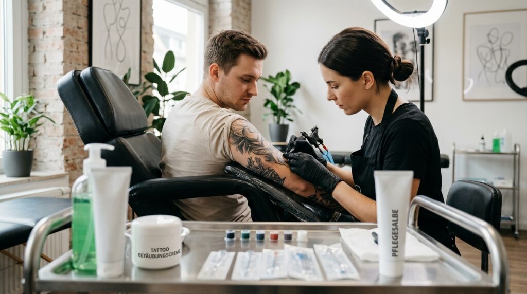 Eine Person mit einem detaillierten Cover-Up Tattoo am Arm, das mit Betäubungscreme vorbereitet wird.