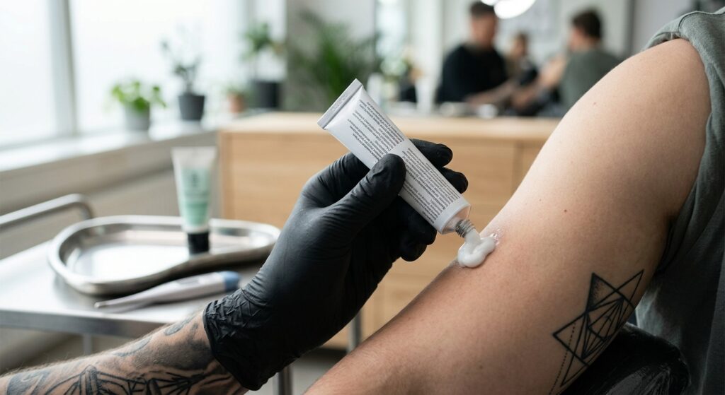Eine Person, die eine Tattoo-Betäubungscreme aufträgt, um die Kosten für Schmerzfreiheit bei Tätowierungen zu vergleichen.