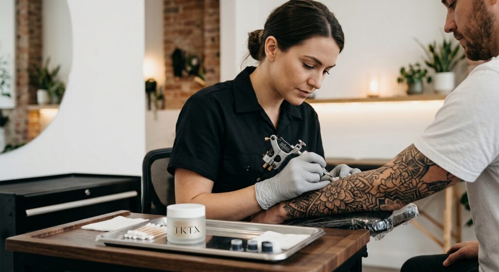 Eine Person erhält ein Tattoo, während eine Betäubungscreme aufgetragen wird, um Schmerzen zu lindern.