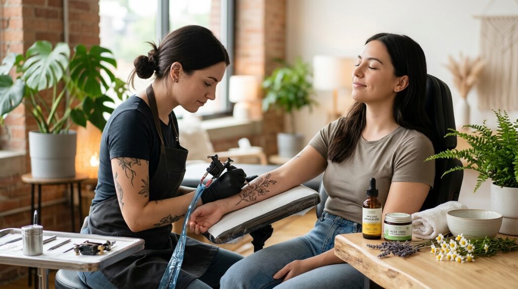 Frau mit einem neuen Tattoo, das mit natürlichen Alternativen zu Tattoo-Betäubungscremes schmerzfrei gemacht wurde.