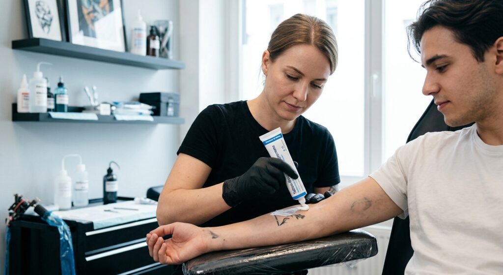 Eine Person erhält eine Tätowierung, während eine Tattoo-Betäubungscreme auf der Haut aufgetragen wird, um den Schmerz zu minimieren.