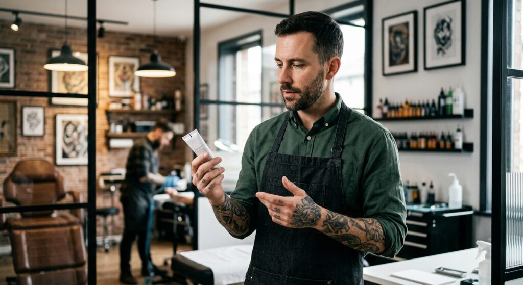 Tätowierer bespricht die Vor- und Nachteile von Betäubungscreme mit einem Kunden vor einer Tattoo-Sitzung.