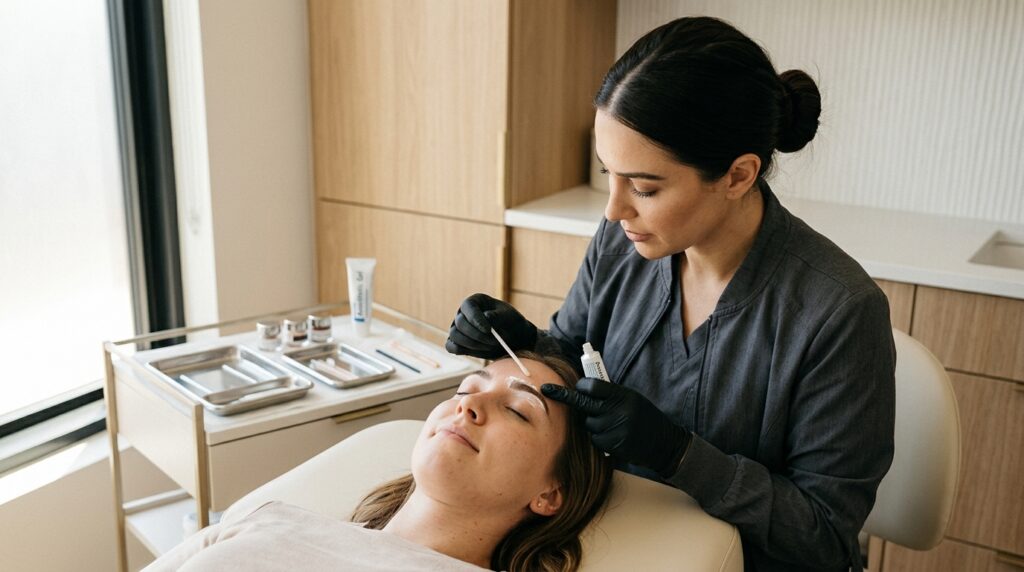 Eine Frau mit Permanent Make-up auf den Lippen, die eine Betäubungscreme für eine schmerzfreie Behandlung erhält.