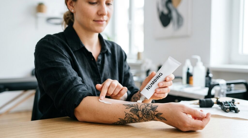 Eine Person trägt Betäubungscreme auf ihren Arm auf, um sich auf einen Tattoo-Termin vorzubereiten.