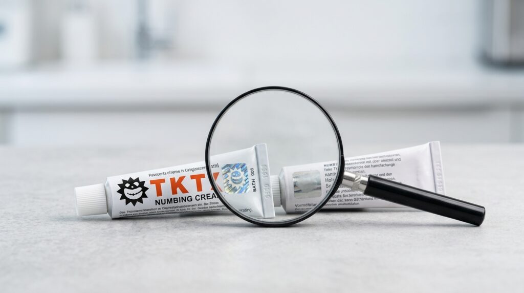 Nahaufnahme einer echten TKTX Creme-Tube, die das detaillierte Verpackungsdesign und das Hologramm-Siegel zur Erkennung von Fälschungen zeigt.