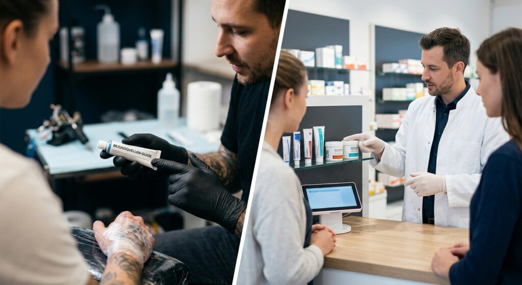 Eine Person hält eine Tube Tattoo-Betäubungscreme in der Hand, bereit für ein schmerzfreies Tattoo-Erlebnis.